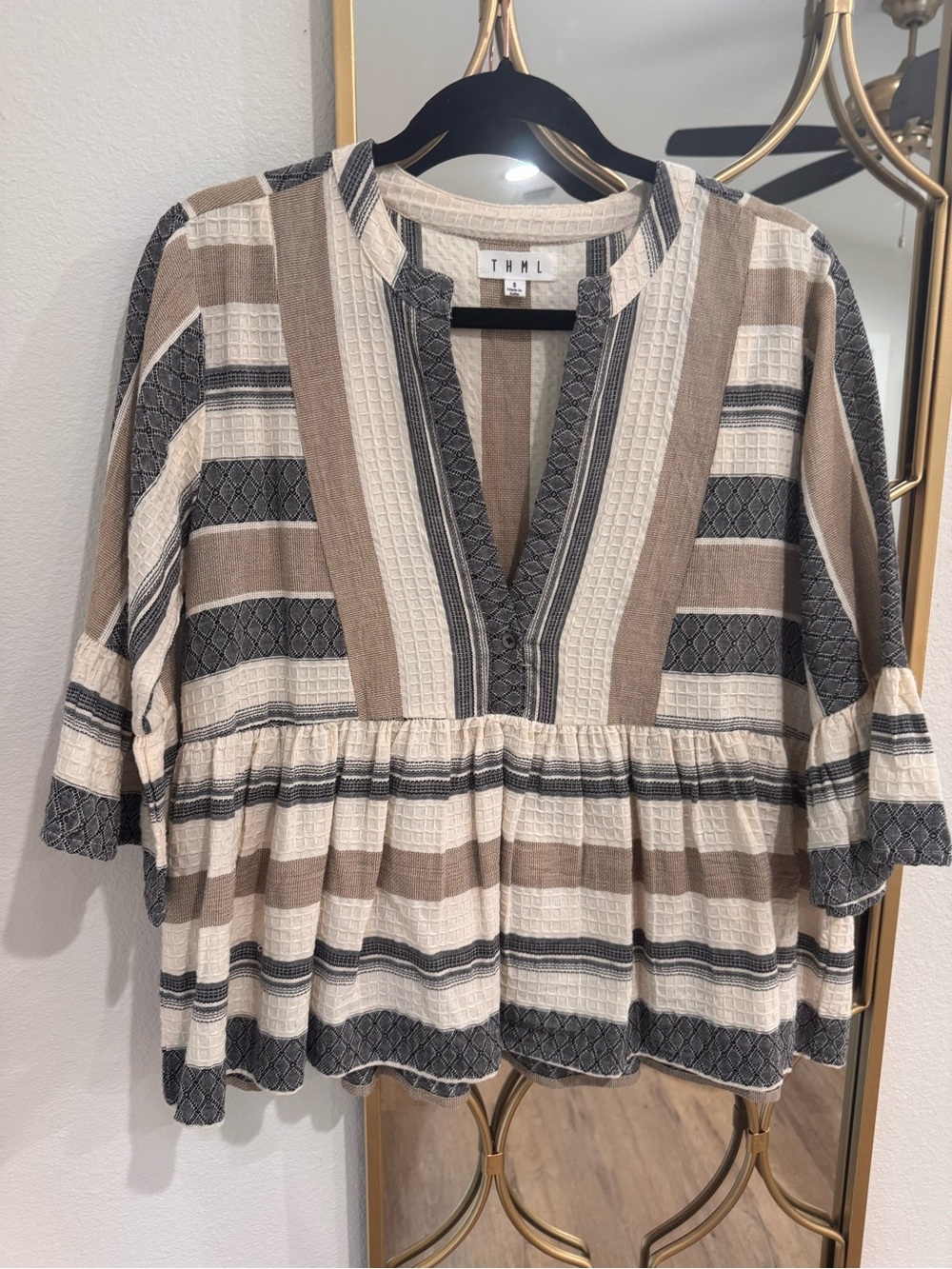 THML Cream, Brown and Black Striped Peasant Tunic